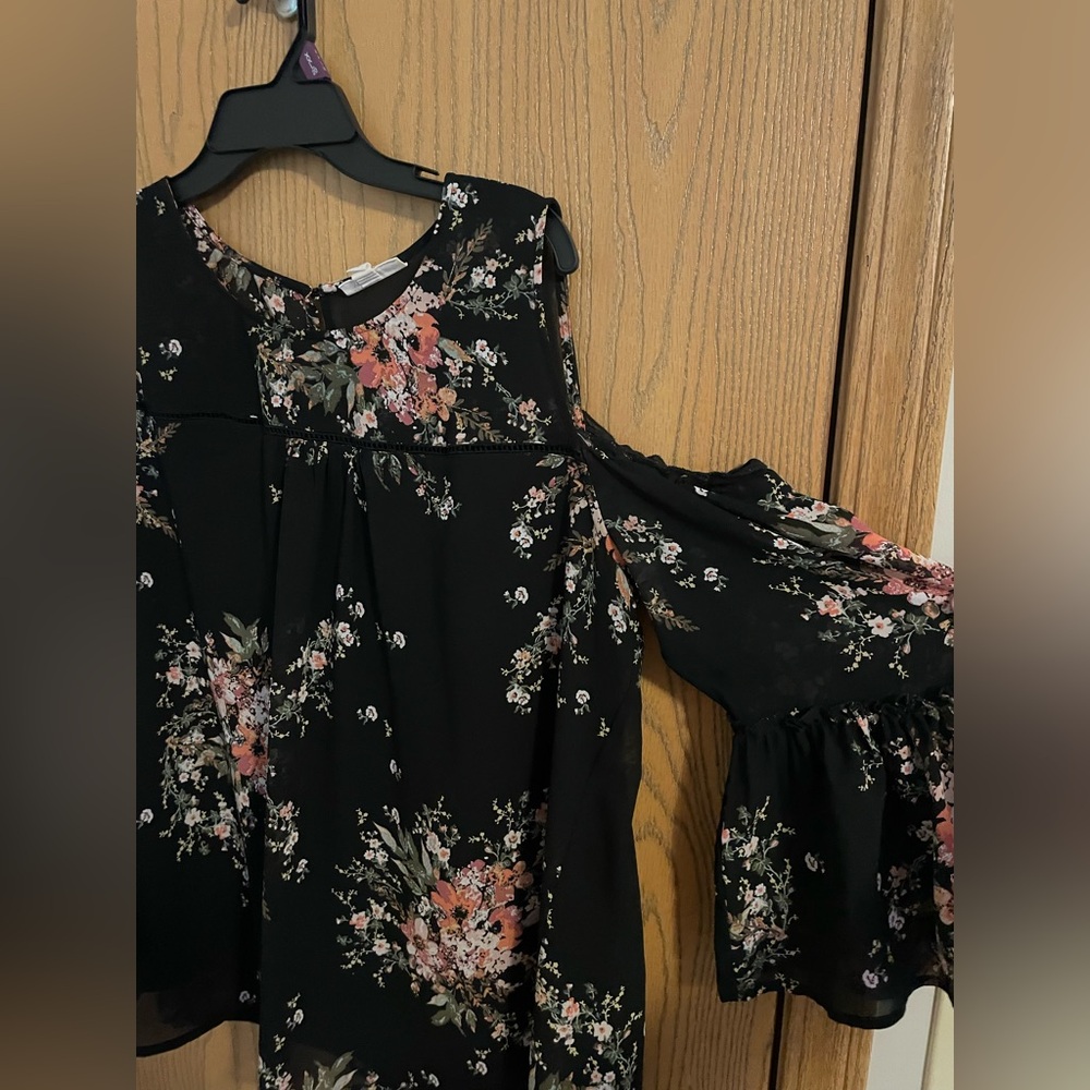 Westport Black Floral Cold Shoulder Blouse with Bell Sleeves